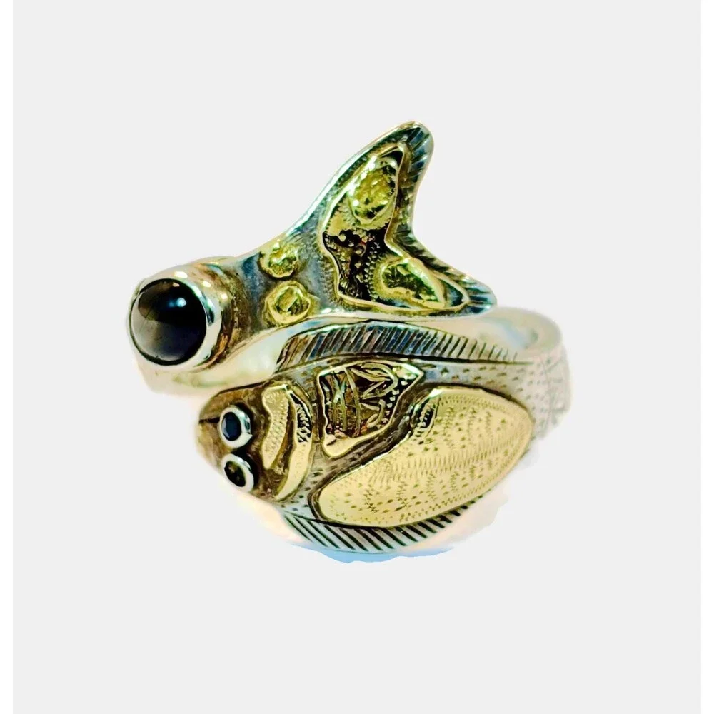 Vintage Fish Ring, Sterling Silver, By-Pass, Obsidian Spinel Handcrafted Size 12